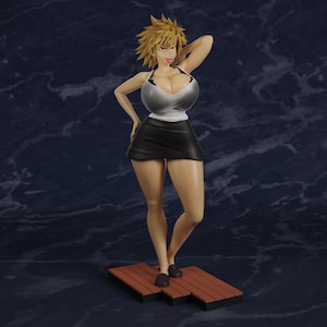 May include: A standing anime-style figurine featuring a character with spiky blonde hair, wearing a white tank top with black lace trim and a short black skirt. The character has a playful expression with a tongue out and stands on a brown platform.
