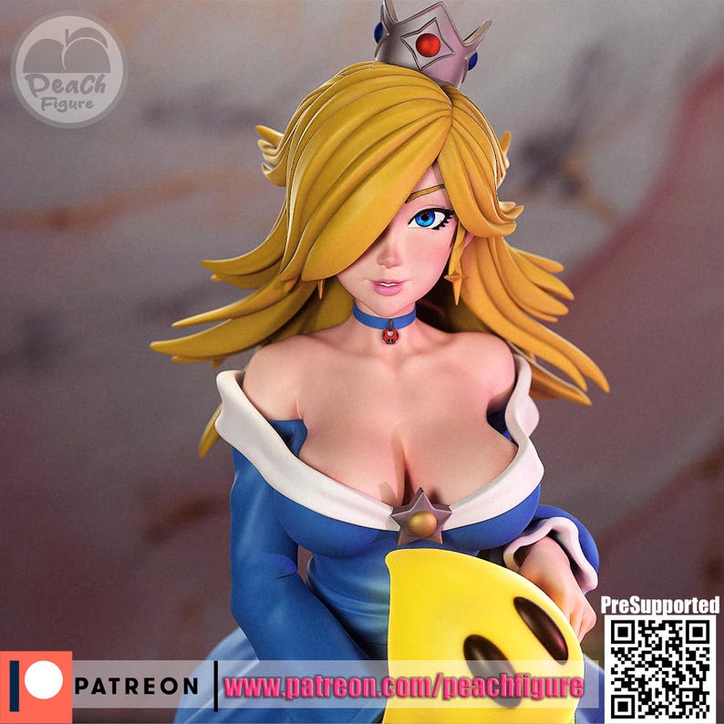 K&ouml;nnte beinhalten: Detaillierte Figur einer Figur mit langen blonden Haaren, blauen Augen und einem blauen Kleid. Die Figur hat eine Krone und h&auml;lt einen gelben Gegenstand. Die Figur ist mit "Peach Figure" beschriftet und die Website "www.patreon.com/peachfigure" ist sichtbar.