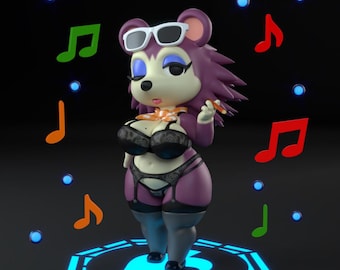 May include: A 3D-rendered figurine of a cartoon character with purple fur, wearing sunglasses, lingerie, and holding a cigarette. Musical notes and blue orbs surround the figure, which stands on a glowing platform.