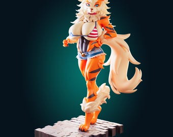 May include: A standing anthropomorphic feline figurine with orange fur and black stripes, wearing a red, white, and blue striped bikini top and denim shorts. The character has a large, fluffy cream-colored tail and stands on a rectangular stone-like base.