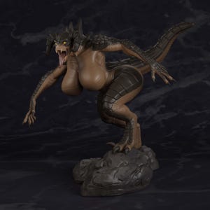 May include: A brown and dark gray creature figurine with a reptilian tail, sharp claws, and horns. The figure has a wide, open mouth with visible teeth and a long tongue, standing on a dark, rocky base with a textured, scaly skin appearance.