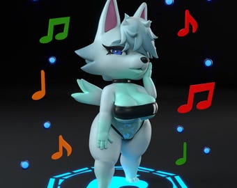 May include: A 3D rendered cartoon character of a wolf-like figure with light blue fur, wearing a black bikini. The character is surrounded by musical notes and blue orbs on a dark background. The figure is standing on a glowing blue platform.