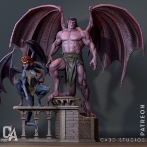 May include: A detailed figurine set featuring a large, muscular purple gargoyle with expansive wings standing on a brick structure, accompanied by a smaller, crouching blue gargoyle with red hair and wings. The text CA3D STUDIOS PATREON is visible.