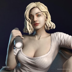 May include: A digital art piece of a woman with blonde hair and green eyes, holding a flashlight. She wears a light pink scoop-neck shirt. The image has a dark blue background and is a 3D render.