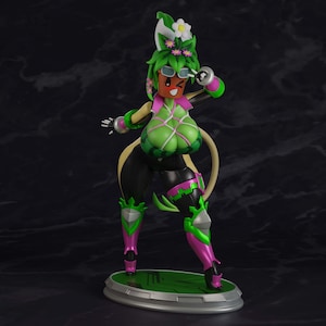 May include: A stylized figurine featuring a character with green hair adorned with white and pink flowers, wearing sunglasses, a green and pink top with white lacing, black pants, and pink and green armor pieces, standing on a green oval base.