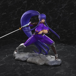 May include: A purple-haired anime-style figurine in a dynamic combat pose, wearing a tight purple bodysuit with gold accents and silver armor on the arms and legs. The figure holds a thin, straight sword and stands on a gray, rocky base.
