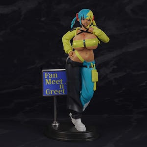 May include: A collectible anime-style figure of a character with blue and yellow hair, wearing a yellow crop top, black and blue pants, and white boots. The figure stands next to a blue sign with the yellow text Fan Meet, n Greet on a black base.