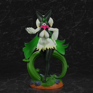May include: A Meowscarada character figurine featuring a black mask with a green diamond, white fur, and a pink neck ruff. The figure stands on a green vine base with black legs, green cape-like foliage, and a dynamic pose with one arm extended forward.