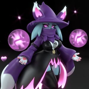 May include: A purple and blue cartoon character wearing a witch's hat and a black and white outfit with a pink and purple design. The character has a pink and white tail and is surrounded by glowing pink orbs.