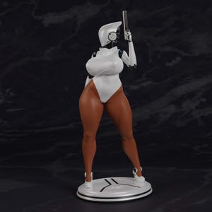 May include: A stylized humanoid figure standing on a circular base, featuring a white helmet, a white bodysuit, and brown legs. The figure holds a small black handgun in one raised hand, with mechanical joints visible at the shoulders and ankles.