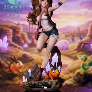 May include: A figurine of a character with long brown hair wearing a white cap, white tank top, dark denim shorts, and a red bag. The character holds a small sphere and stands on a rocky base with purple crystals and a small orange pig-like creature.