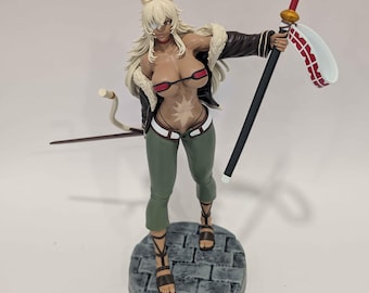 May include: A collectible anime-style figurine of a tan-skinned character with long blonde hair, animal ears, and a tail. The figure wears a black jacket with fur trim, a red bikini top, and green pants, holding a long sword with a red and white hilt.