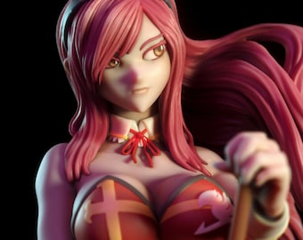 May include: A detailed figurine of a woman with long pink hair and bunny ears. She wears a red and gold outfit with a cross design. The figurine has a stern expression and is holding a staff.