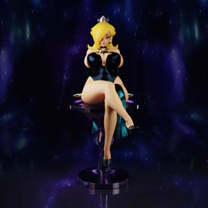 May include: A figurine of a blonde character wearing a silver crown with a red gem, a black sleeveless bodysuit, and a long teal skirt with a high slit. The character is seated on a dark purple pedestal base with a glossy finish and black heels.