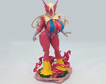 May include: A standing anthropomorphic character figurine with red fur, long cream-colored hair, and a mask-like face. The figure wears a blue and red striped top and stands on a base decorated with red flame-like structures and green grass.