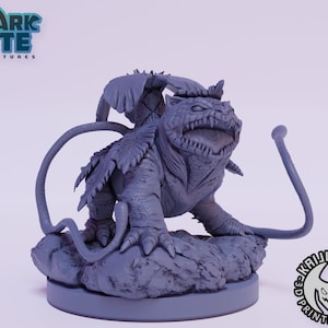 May include: A gray 3D printed miniature of a mythical creature with a reptilian head, a long tail, and leafy growths on its back. The creature is standing on a rocky base.