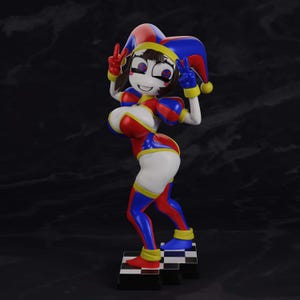 May include: A stylized figurine of a jester character with white skin, wearing a red and blue jester hat with yellow accents, a matching red and blue bodysuit, and yellow wrist cuffs. The figure stands on a black and white checkered base.