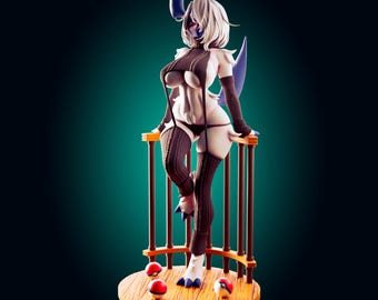 May include: A blue and white figurine of a Pokemon character wearing a brown sweater and black stockings. The figurine is standing on a wooden base with three Poke Balls.