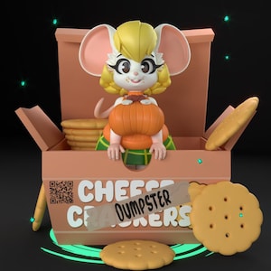 May include: A cartoon mouse wearing a pumpkin-colored shirt and a green plaid skirt is sitting inside a cardboard box. The box is labeled "Cheese Dumpster Crackers". There are several round crackers in the box and on the floor.