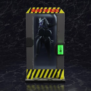 May include: A gray containment unit with yellow and black hazard stripes at the top and bottom. The text DO NOT TAP GLASS is printed in red. Inside, a dark figure with a skull-like head and purple tongue is visible. A green light panel features a hand icon.