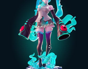 Op de afbeelding: Een gestileerd anime-figuur met lang turquoise haar, gekleed in een wit topje en donkerpaarse mouwen met grote rode oogmotieven. Het figuur staat op een donkerpaarse voet, omringd door doorschijnende turquoise energie-effecten.