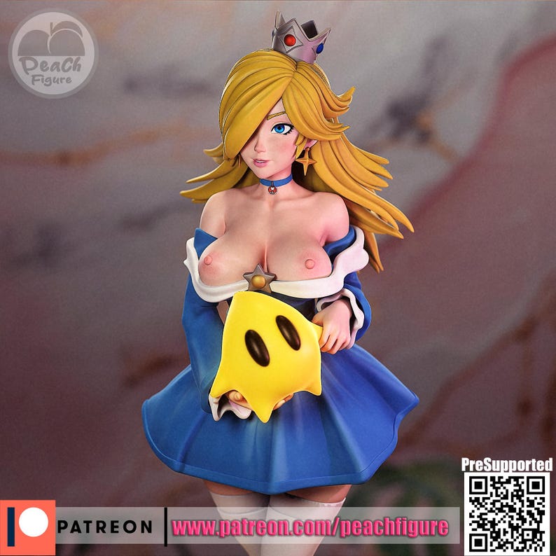 K&ouml;nnte beinhalten: Figur einer weiblichen Figur mit langem blondem Haar, blauen Augen und einer Krone. Sie tr&auml;gt ein blaues Kleid und h&auml;lt einen gelben sternf&ouml;rmigen Gegenstand. Die Figur ist mit "Peach Figure" und "PreSupported" beschriftet.