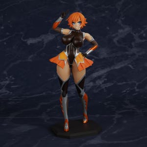 May include: A standing anime-style figurine featuring a character with short orange hair, blue eyes, and a dark brown bodysuit. The outfit includes an orange pleated skirt, silver and orange arm guards, and matching leg armor, all mounted on a black base.
