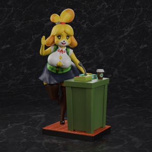 May include: A yellow anthropomorphic dog figurine with blonde hair tied in a ponytail, wearing a white shirt with a green plaid vest, a dark blue skirt, and brown thigh-high boots, standing behind a green desk with a microphone and coffee cup.