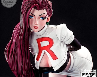 May include: A detailed figurine of a character with long, dark red hair and blue eyes. She wears a white top with a large red "R" on the front, black sleeves, and a matching skirt. The figure has a dynamic pose and is set against a dark background.