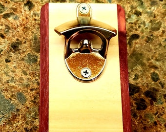 Stainless Steel And Exotic Wood Bottle Opener: Poplar and Purple Heart wood