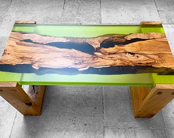 Wild African Olive Wood and Lime Green Resin Coffee Table