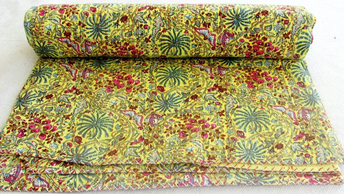 Indian Kantha Quilt Bed Cover Bedspread Boho Bedding yellow Etsy