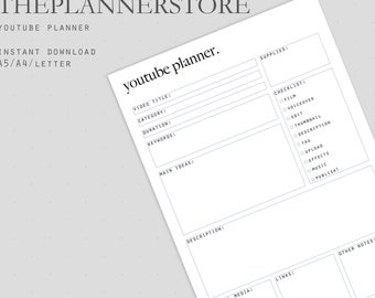 Youtube Planner | Social Media Planner Insert | Youtube Video Manager | Home Office Organizer | Instant Download | A4 | A5 | Letter