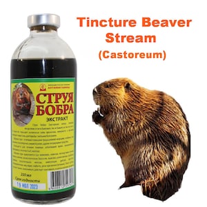 以下が含まれることがあります： 濃い茶色の液体が詰まったガラス瓶。ラベルにはキリル文字で「СТРУЯ БОБРА ЭКСТРАКТ」と書かれている。瓶には「Tincture Beaver Stream (Castoreum)」とラベルが貼られており、漫画のビーバーの隣にある。
