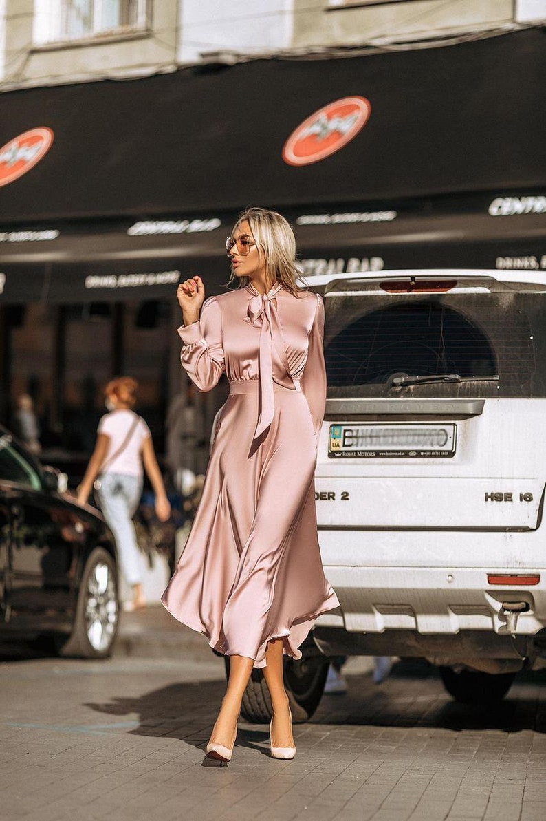 Silk maxi long sleeve dress with bow tie