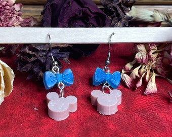 Blue and Tan Mouse and Bow Earrings - Pinocchio Earrings - Pinocchio Inspired - Disneybound