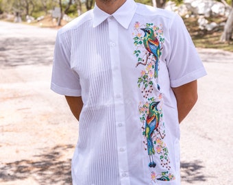Handmade Linen Guayabera embroidered with bird design. Personalized shirt