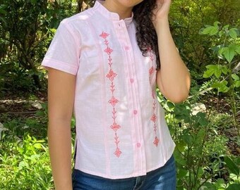 Guayabera Tradicional De Lino Rosa Camisa De Vestir -