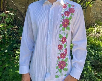 Original Handmade Guayabera. Formal and elegant dress shirt for men. Artisan Embroidery with cross stitch embroidery design of red flowers