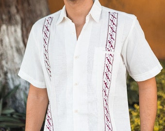 Handmade Guayabera with red embroidery pattern. Linen dress shirt for men, personalized shirt