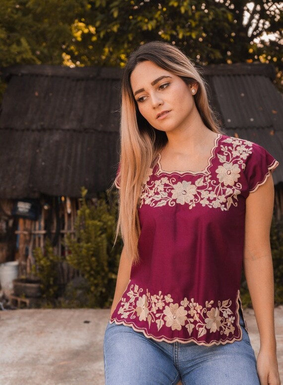 bulto El otro día disfraz Blusa Típica Mexicana De Algodón Rojo Bordado a Mano En - Etsy Denmark