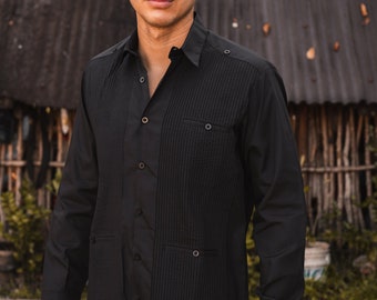 Handmade black Presidential guayabera made of Linen or Cotton. Formal dress shirt for weddings and events