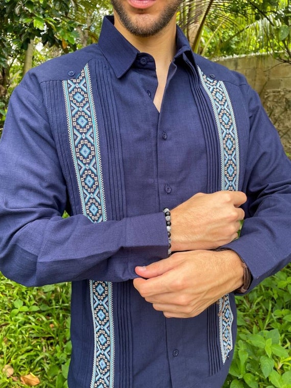 Guayabera Estilo Presidencial De Lino Azul Camisa Vestir - Etsy