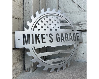 Personalized Metal Garage Sign, Custom American Flag Sign, Custom Workshop Sign, American Flag Saw Blade Signs, Garage Decor, Gifts For Dad