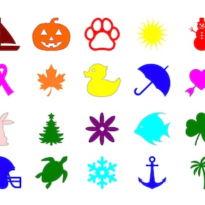May include: A set of 16 colorful icons, including a sailboat, pumpkin, paw print, sun, snowman, ribbon, maple leaf, rubber duck, umbrella, heart with arrow, rabbit, Christmas tree, flower, fish, clover, turtle, snowflake, anchor, and palm tree.