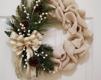 Christmas wreath, Burlap Christmas Wreath, pearl  Christmas, Wreath, Front Door, Gift.