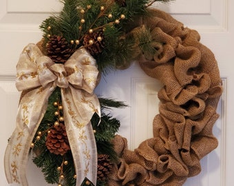 Christmas wreath, Burlap Christmas Wreath, Gold Christmas, Wreath, Front Door, Gift.