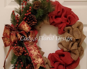 Christmas wreath, red and Brown burlap, Wreaths, Christmas.