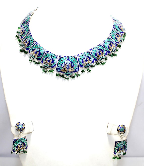 Enamel Meena Necklace Earrings Jewellery Set 925 Sterling Silver Handmade Traditional Peacock Meenakari Women Gift Adjustable J295 Etsy