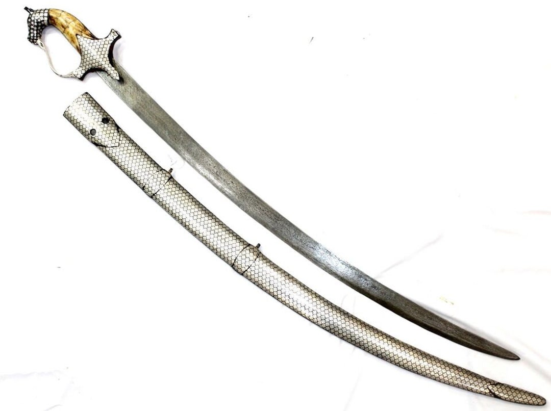 Sword Damascus Steel Blade Pure Silver Koftgari Inlay Bone Horse